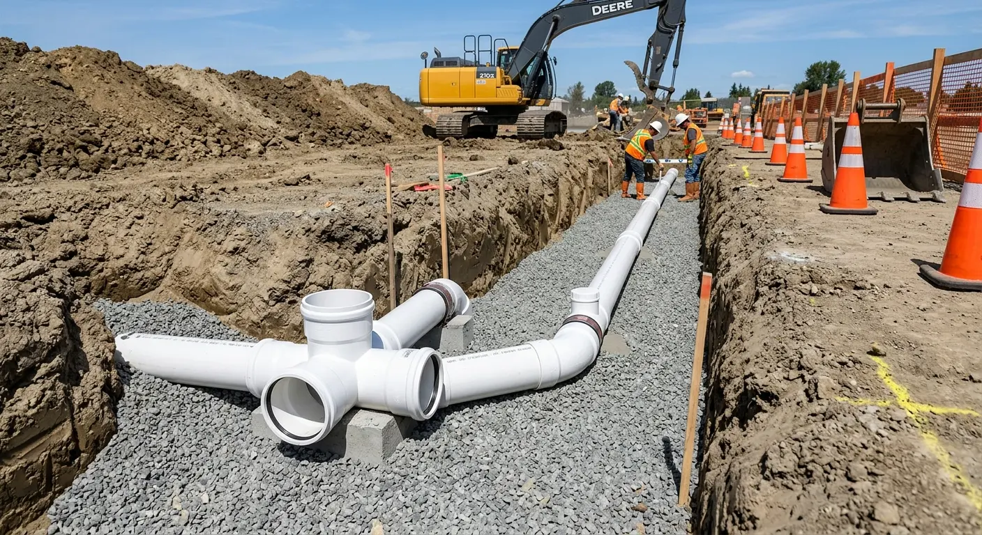 New PVC sewer pipe installation in open trench for Grease Trap Cleaning in Franconia