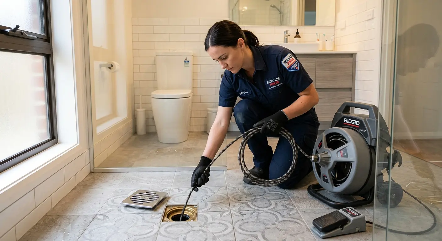 Technician clearing a bathroom floor drain for Drain Repair in Franconia